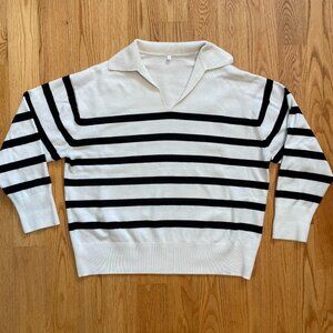 Muji skipper polo sweater • black & white striped collared sweater boxy